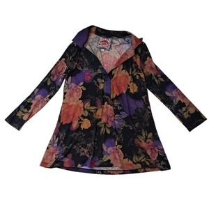 Johnny Was Bossa Nova Top Women's XS Floral 3/4 Sleeve Swing Polo Boho Stretchy
